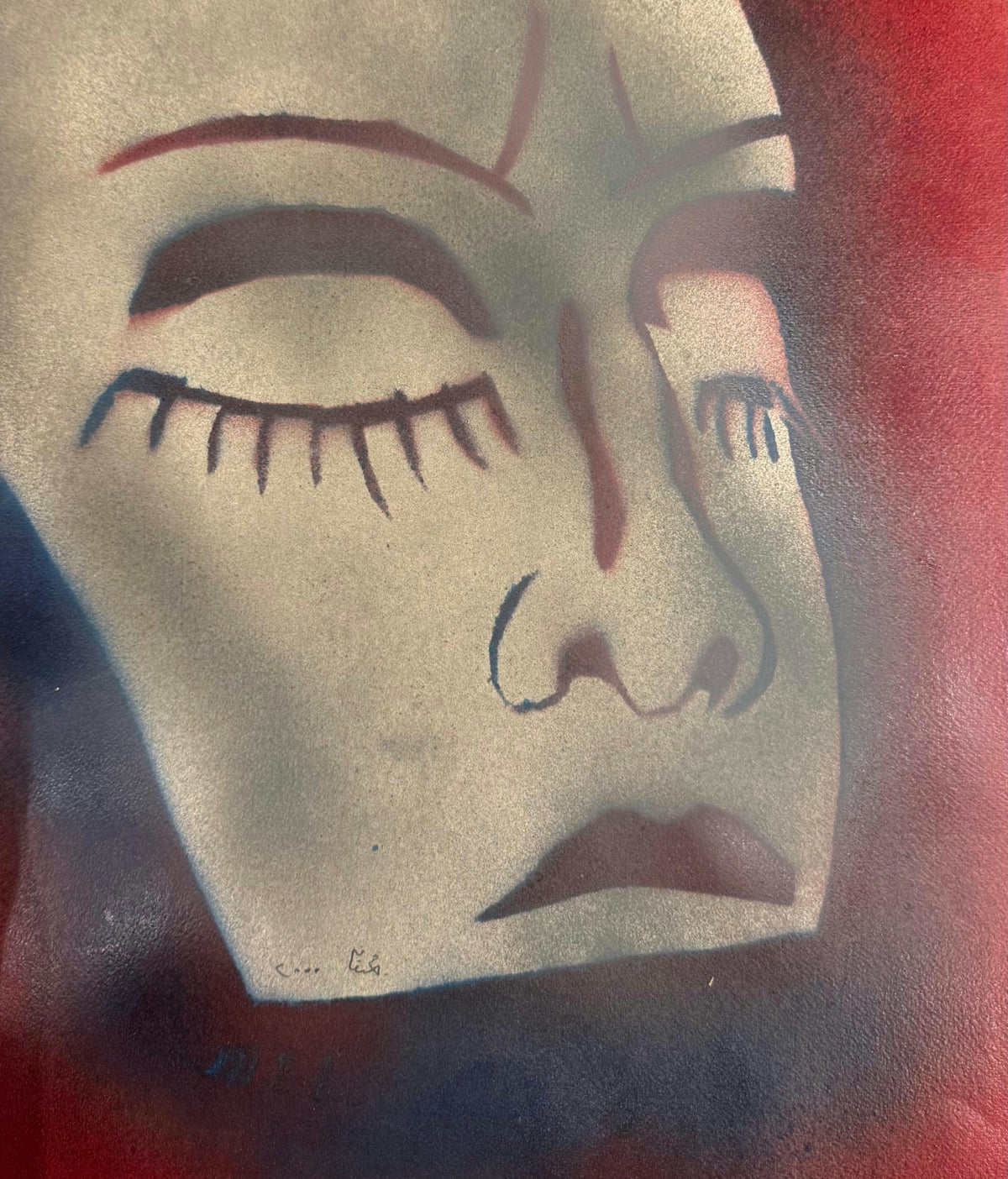 Original Mixed media 'Close-Eyed Face on Red Blue Ground' by Mohammad Bushnaq