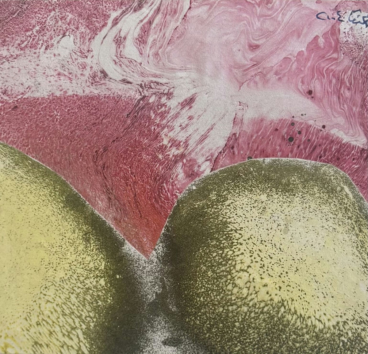 Original Mixed media 'Two Green Forms on Pink Ground' by Mohammad Bushnaq