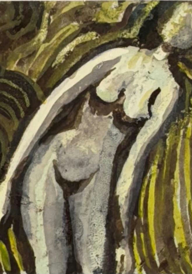 Original Mixed media 'Nude Figure Against Green Background' by Mohammad Bushnaq