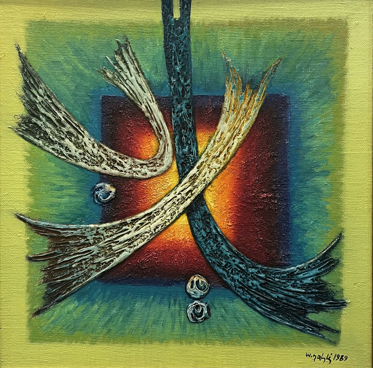 Original Mixed media 'Crossed Abstract Forms on Green Ground' by Wajih Nahli