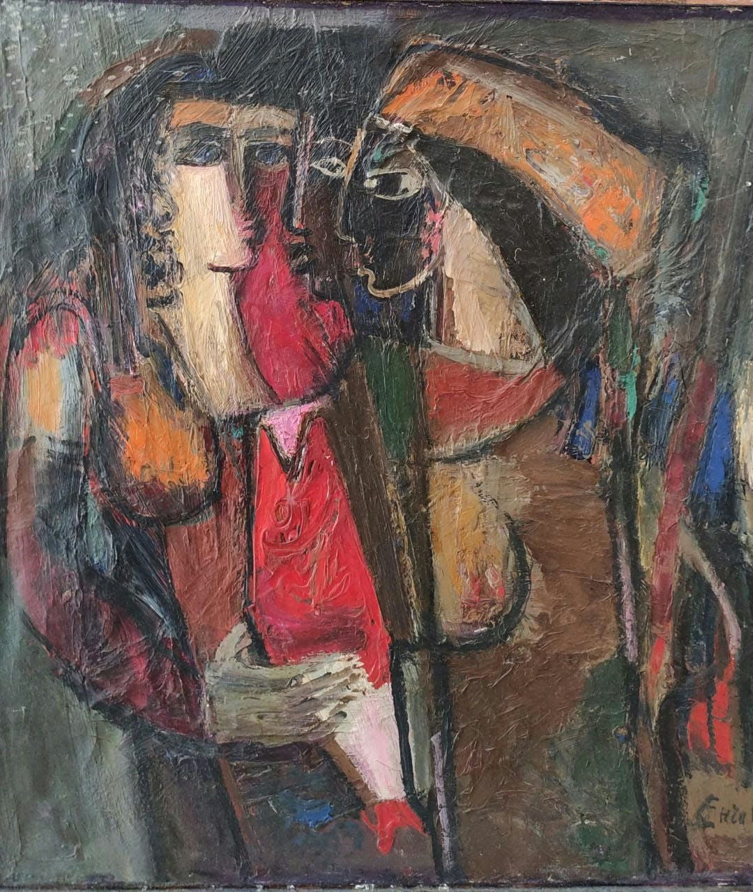 Original Oil 'Two Figures with a Horse' by Mohammad Bushnaq
