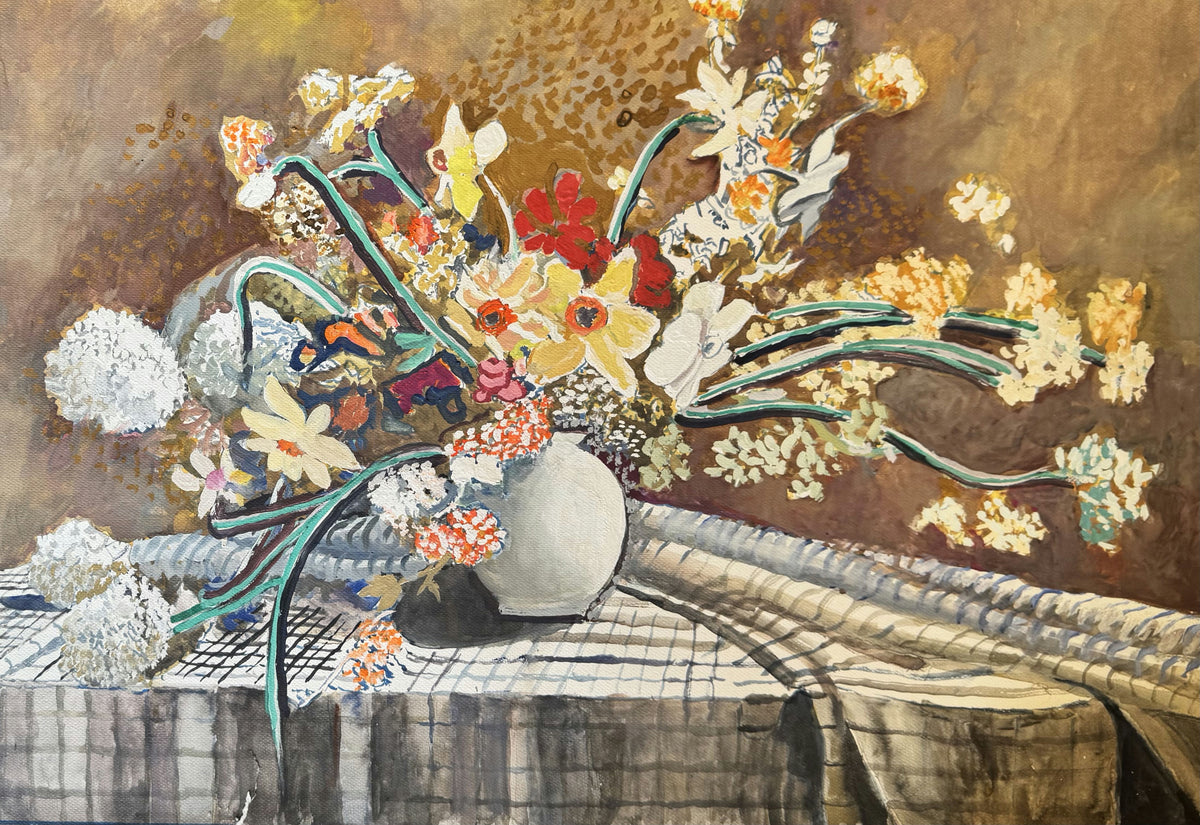 Original Mixed media 'Floral Bouquet in White Vase' by Mohammad Bushnaq