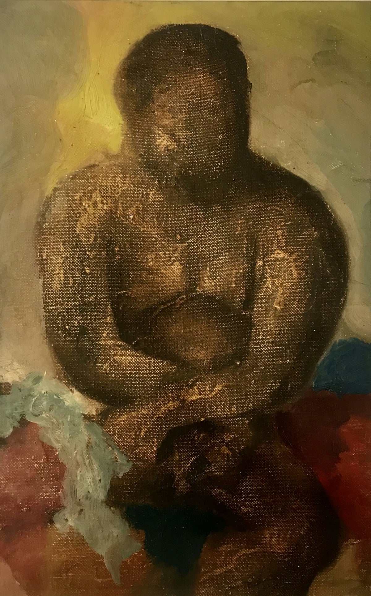 Original Oil 'Seated Male Figure with Crossed Arms' by Mohammad Bushnaq