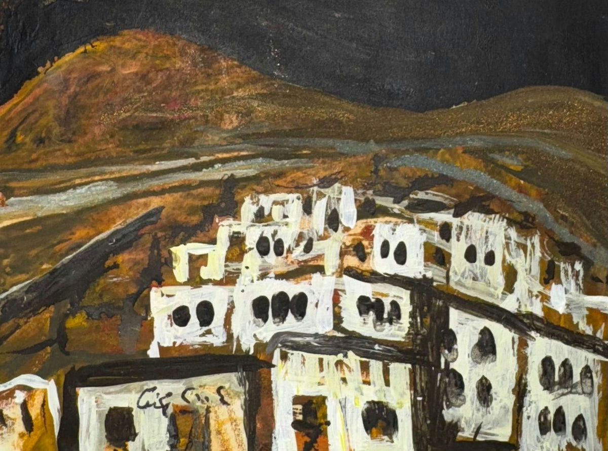 Original Mixed media 'White Buildings on Desert Hillside' by Mohammad Bushnaq