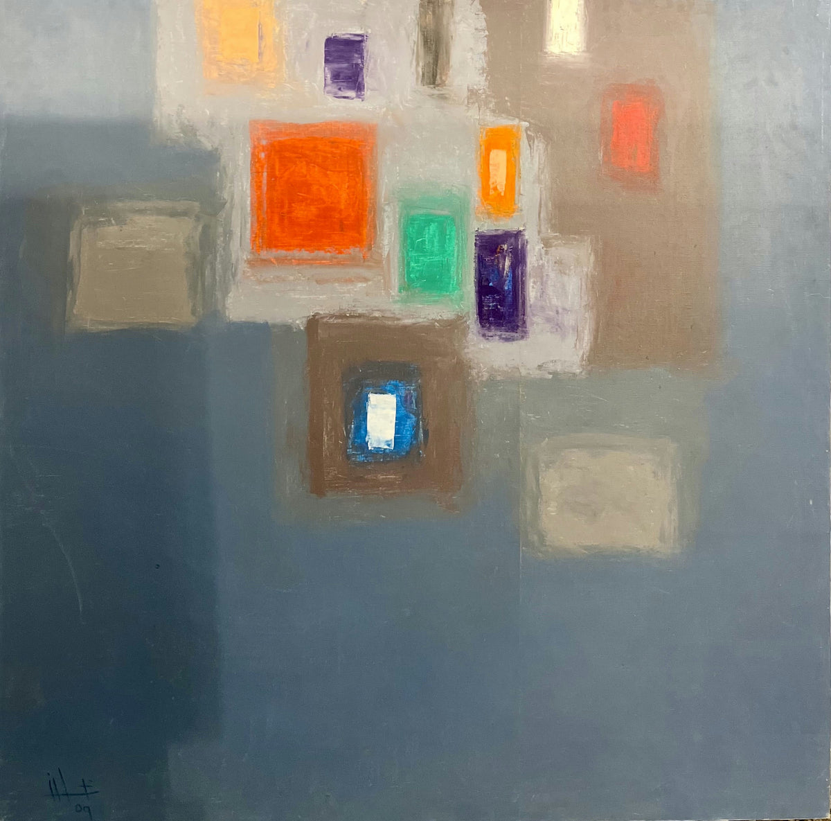 Original Acrylic 'Coloured Rectangles on Grey Blue' by Ghassan Abulaban             