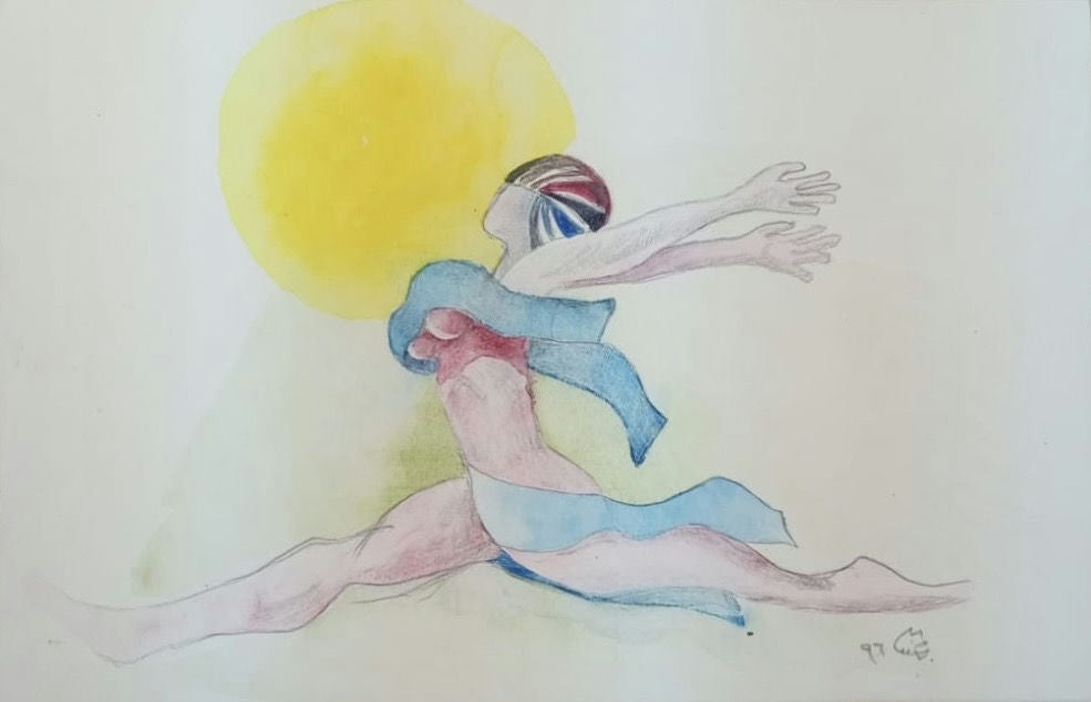 Original Ink & Pencil (Sketches) 'Dancer Stretching Arms Before Sun' by Mohammad Bushnaq