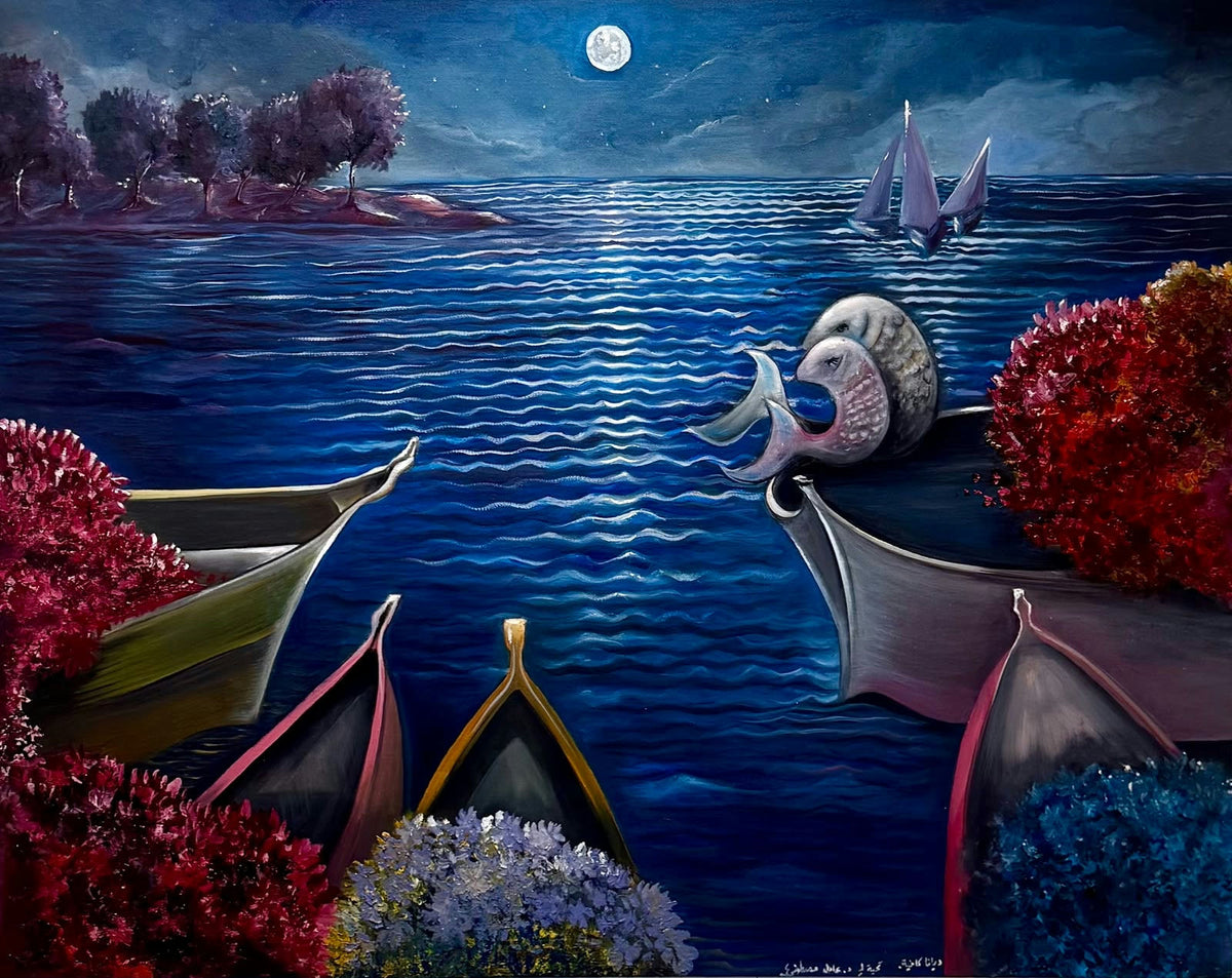 Original Mixed media 'Moonlit Sea With Boats and Flowers' by Diana Kafieh