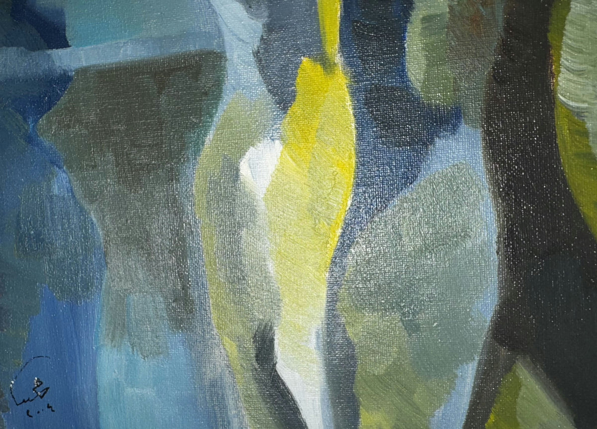 Original Mixed media 'Abstract Blue and Yellow Figures' by Mohammad Bushnaq
