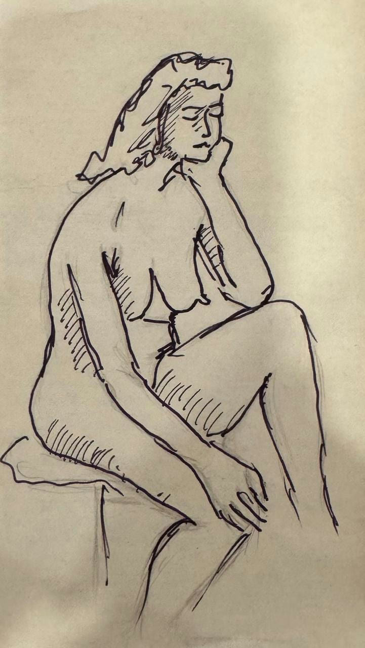 Original Mixed media 'Seated Nude Woman in Contemplation' by Mohammad Bushnaq