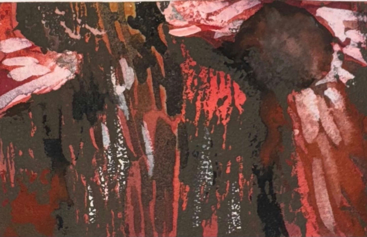 Original Mixed media 'Abstract Red and Brown Floral Forms' by Mohammad Bushnaq