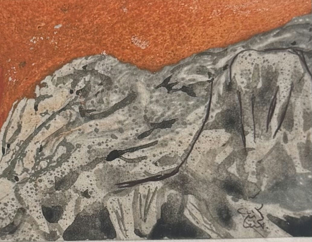 Original Mixed media 'Rocky Landscape with Orange Sky' by Mohammad Bushnaq