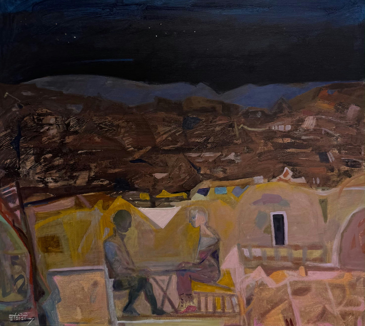 Original Acrylic 'Two Figures Seated in Night Village' by Edward Shahda