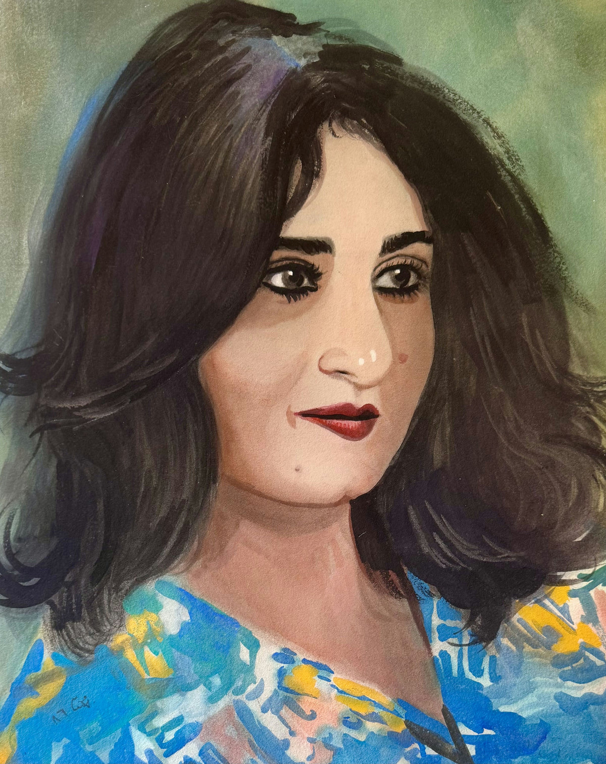 Original Mixed media 'Portrait of a Dark-Haired Woman' by Mohammad Bushnaq
