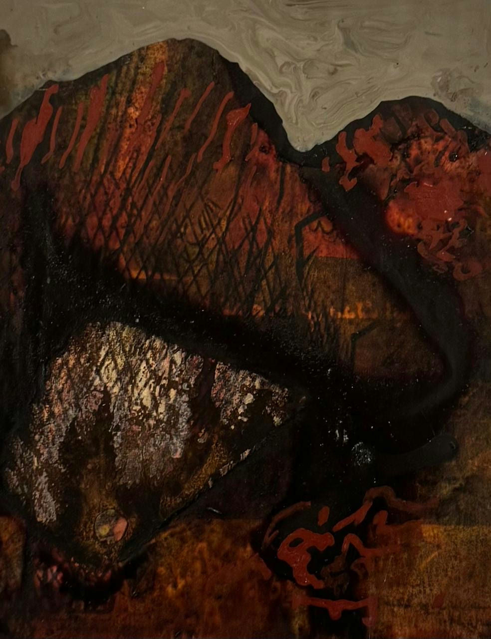 Original Watercolor 'Dark Bull Before Rocky Mountain' by Mohammad Bushnaq