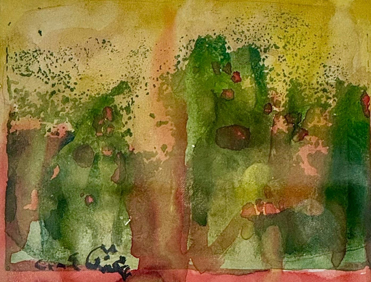 Original Watercolor 'Abstract Green and Red Watercolor Landscape' by Mohammad Bushnaq
