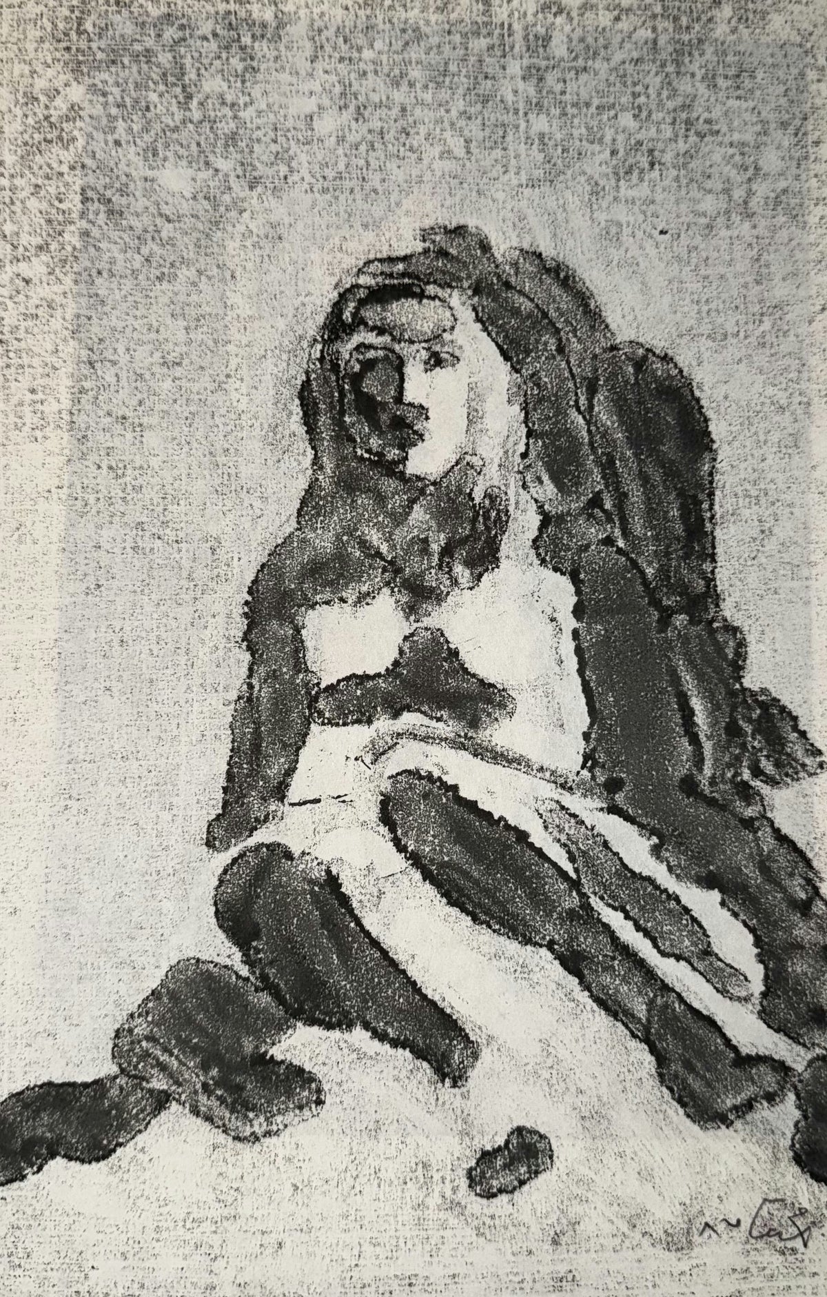 Original Mixed media 'Seated Figure in Black and White' by Mohammad Bushnaq