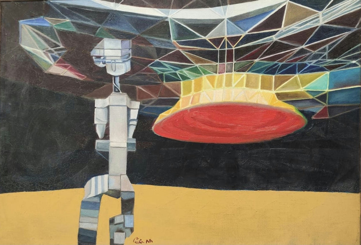 Original Oil 'Robot Figure Under Geometric Ceiling' by Mohammad Bushnaq