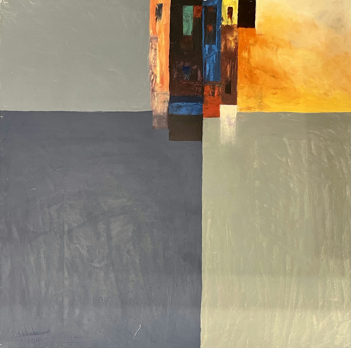 Original Acrylic 'Abstract Grey Fields With Orange Accent' by Ghassan Abulaban   