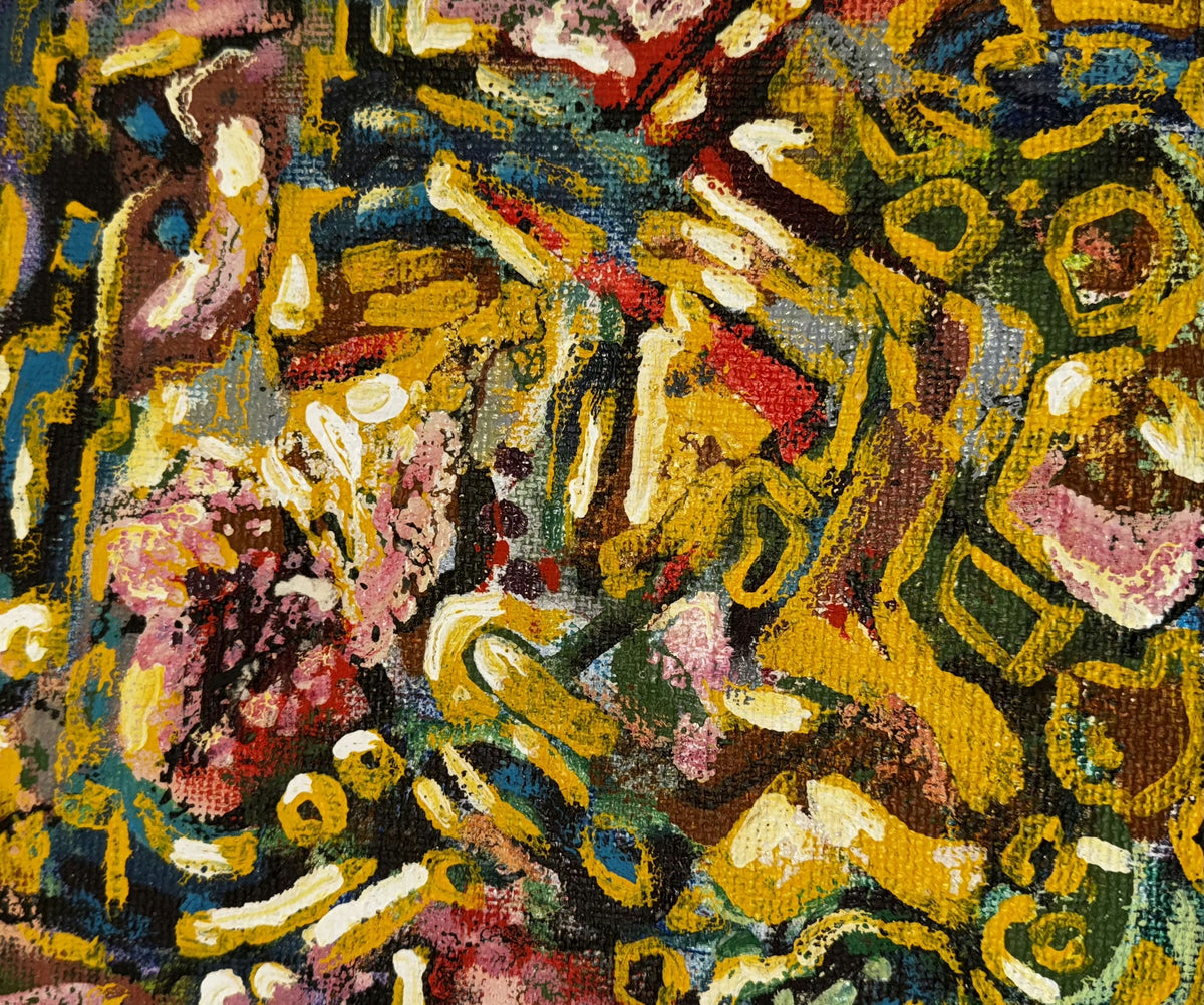 Original Mixed media 'Dense Abstract Forms in Yellow and Red' by Mohammad Bushnaq