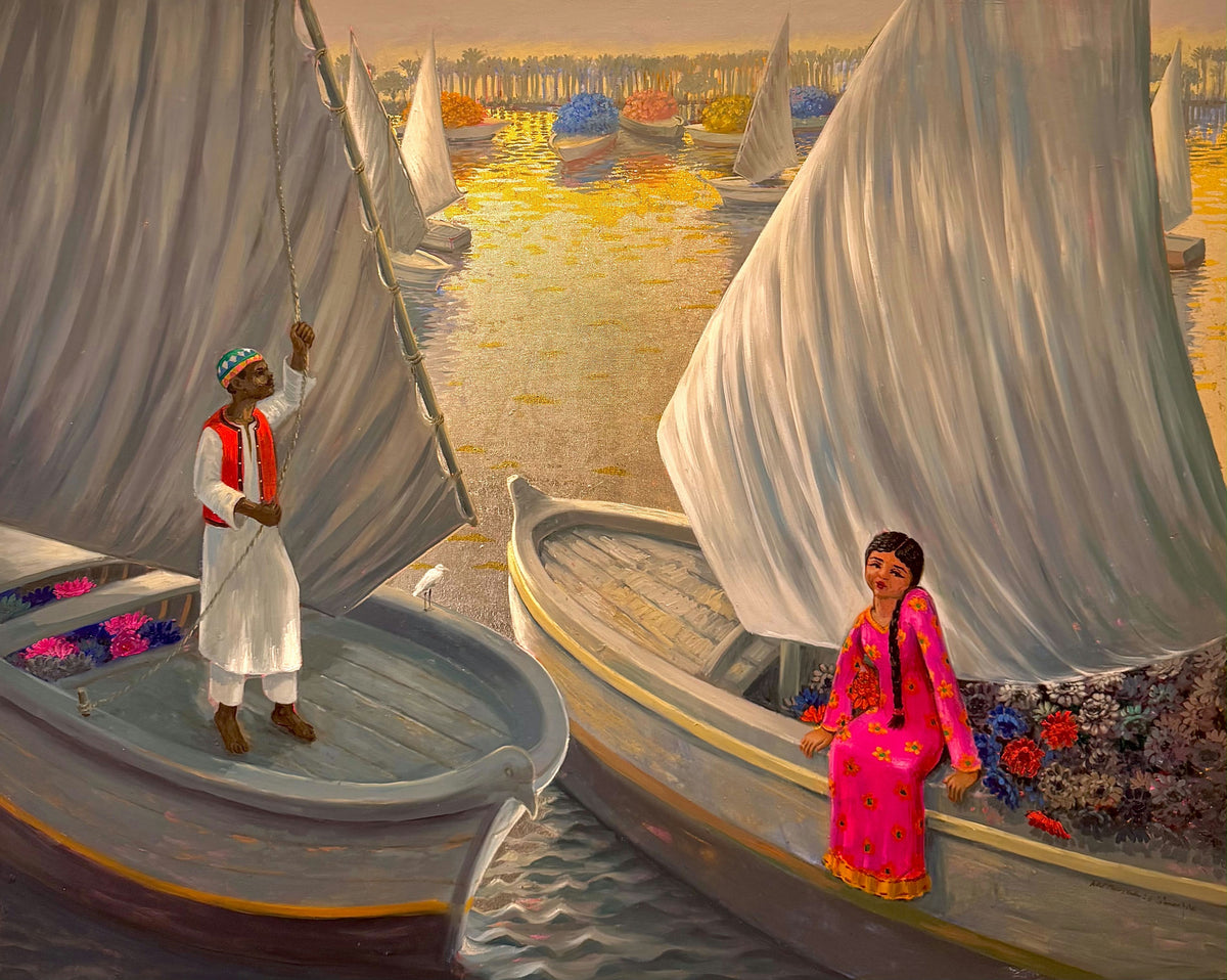 Original Mixed media 'Feluccas on the Nile with Figures' by Adel Moustafa