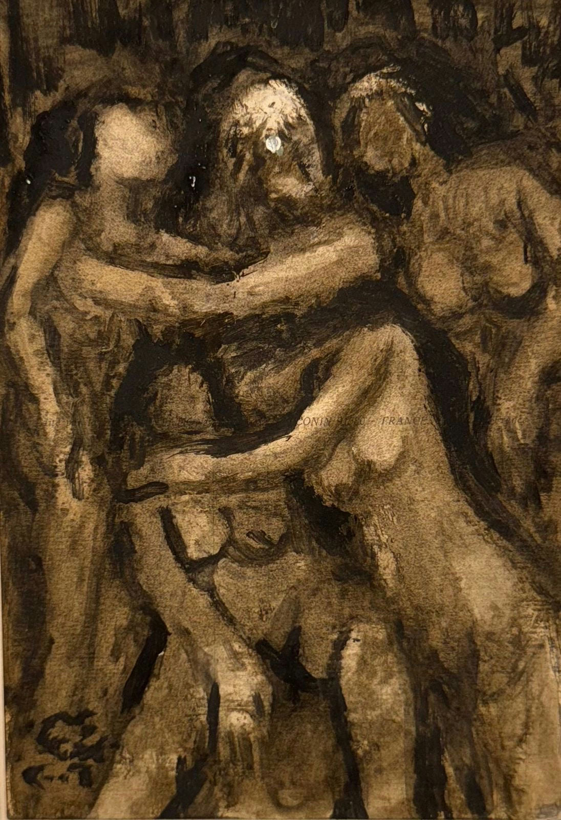 Original Mixed media 'Three Figures Embracing in Dark' by Mohammad Bushnaq
