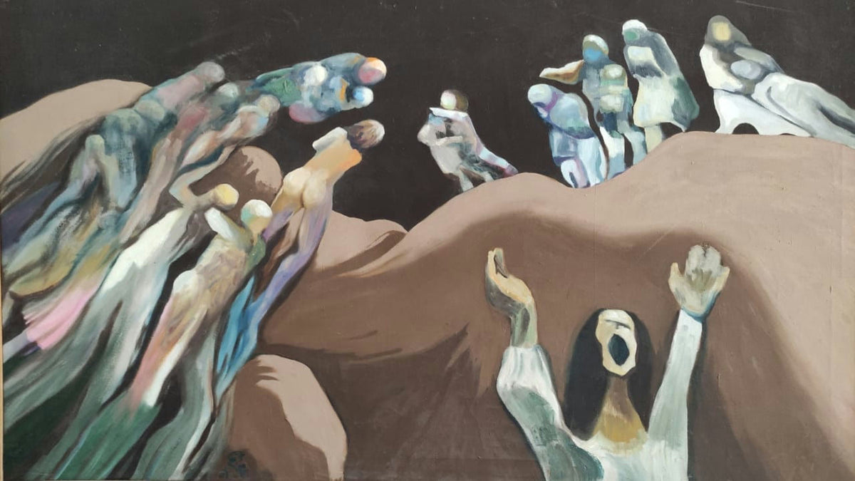 Original Oil 'Figures and Hands Rising from Earth' by Mohammad Bushnaq