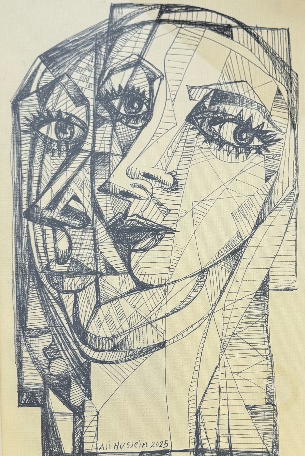 Original Ink & Pencil (Sketches) 'Cubist Female Portrait Ink Drawing' by Ali Hussein