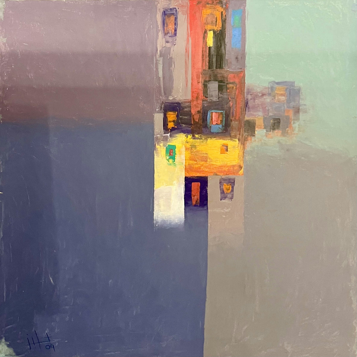 Original Acrylic 'Abstract Urban Buildings with Coloured Windows' by Ghassan Abulaban     