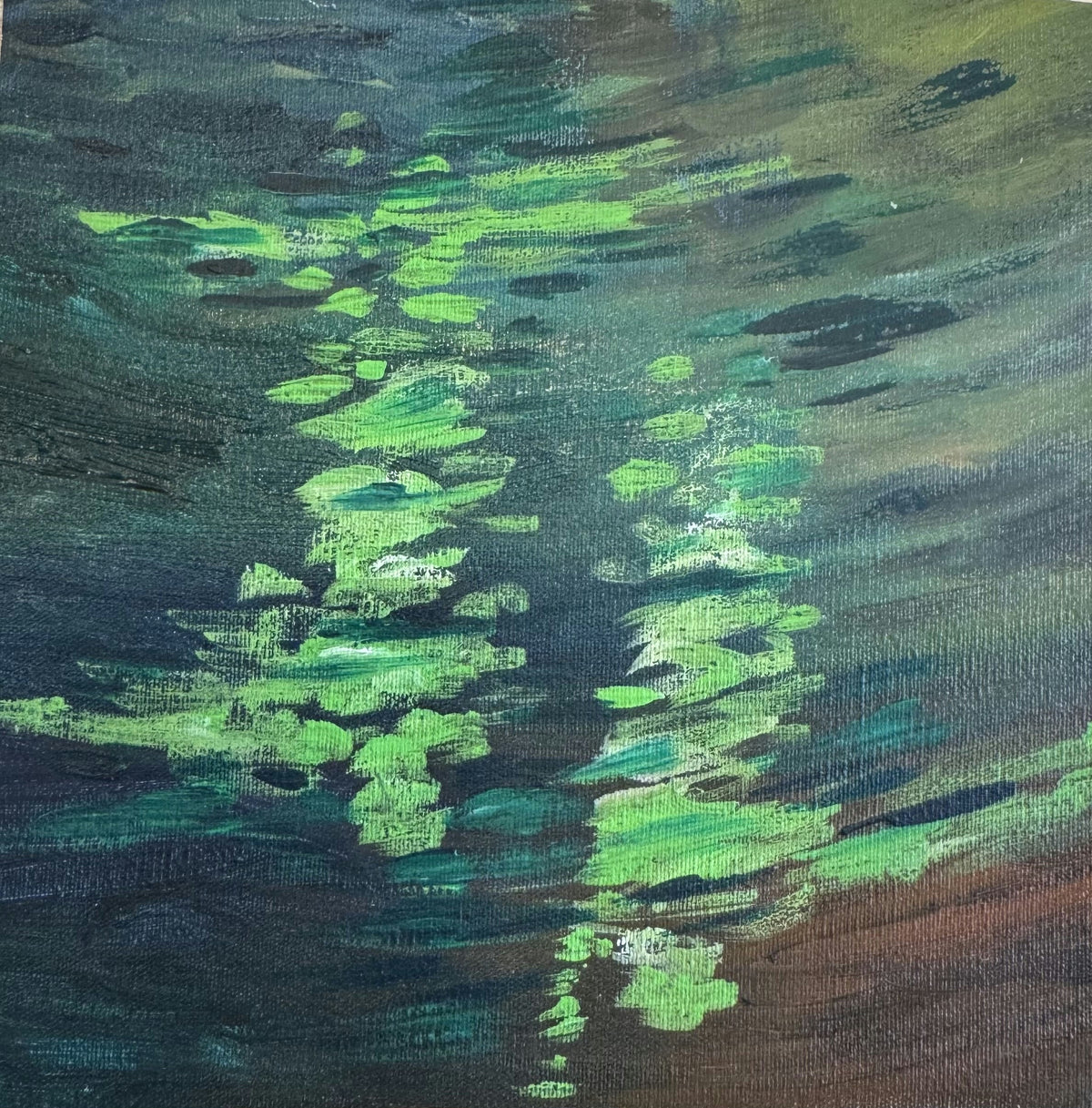 Original Acrylic 'Green Light Reflections on Dark Water' by Mohammad Bushnaq