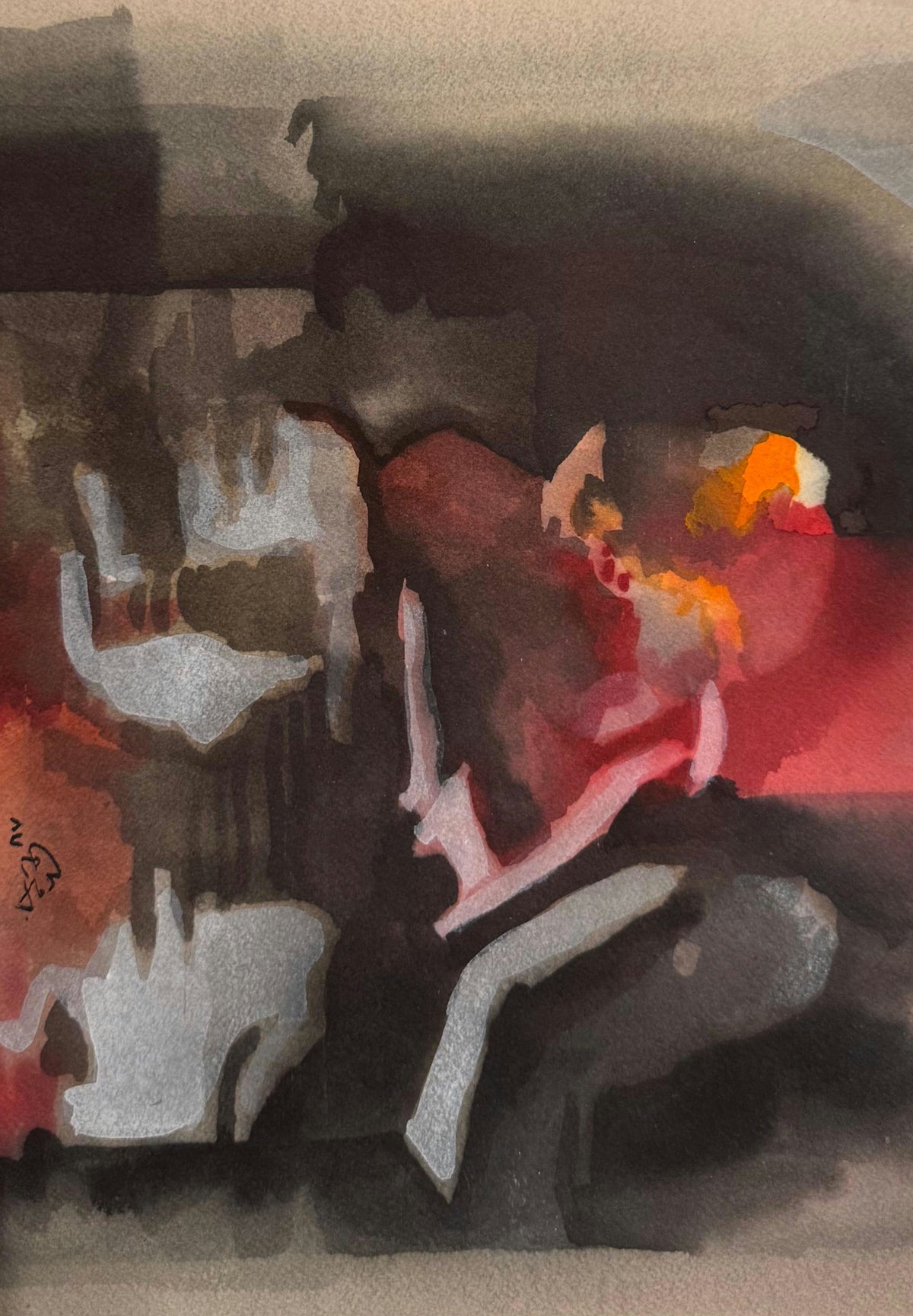 Original Oil 'Dark Abstract with Red and Grey Forms' by Mohammad Bushnaq