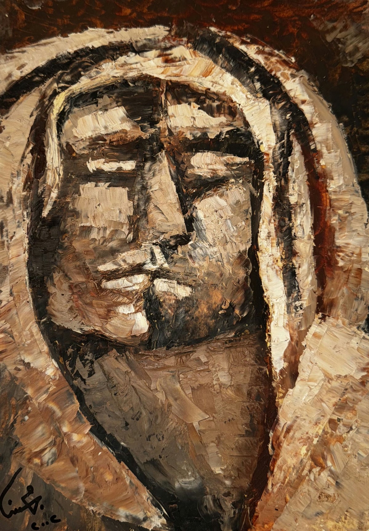 Original Mixed media 'Veiled Face Portrait in Earth Tones' by Mohammad Bushnaq