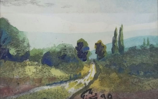 Original Watercolor 'Winding Path Through Green Landscape' by Mohammad Bushnaq