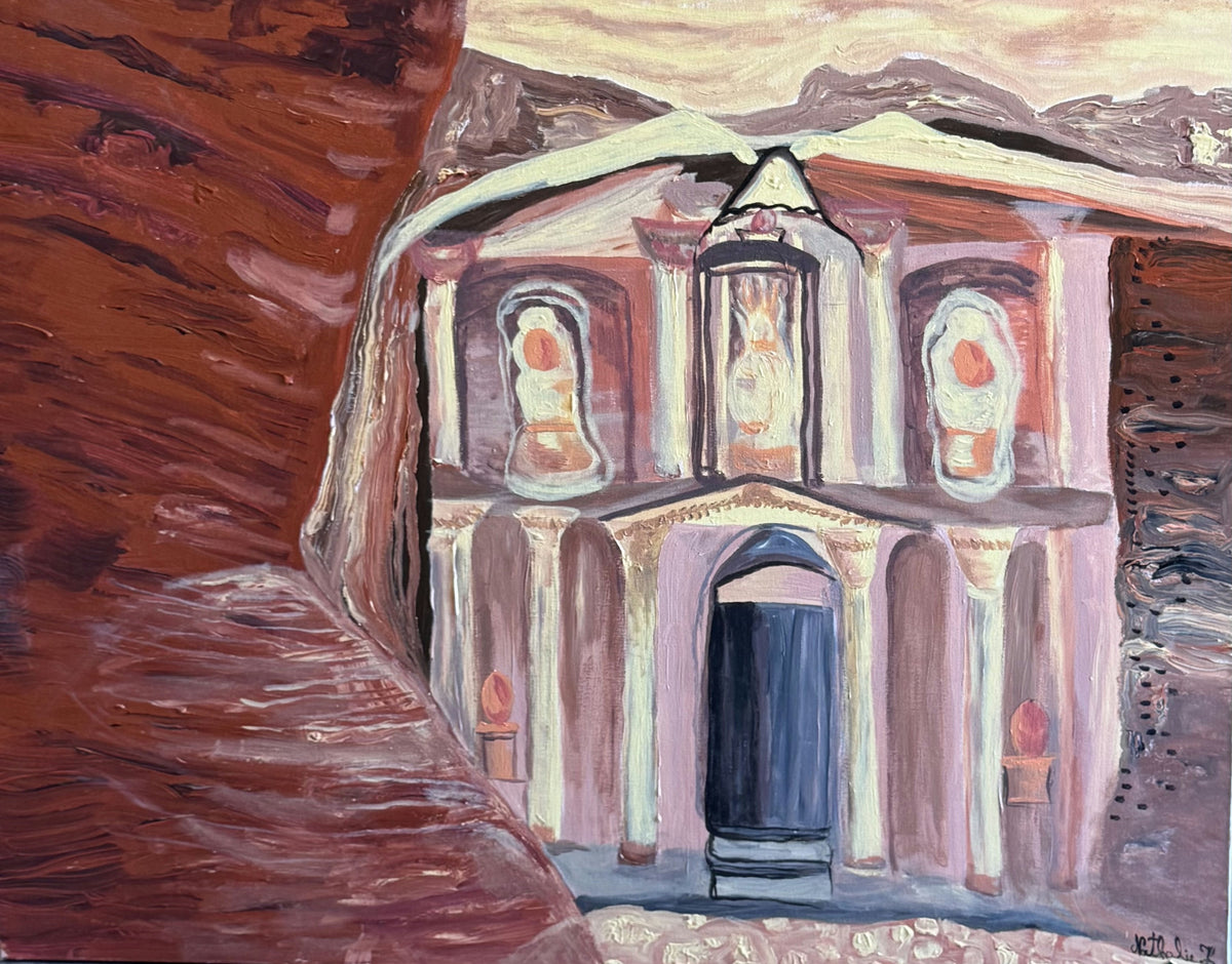Original Acrylic 'Ancient Temple Facade in Red Rock' by Nathalie Hallak 
