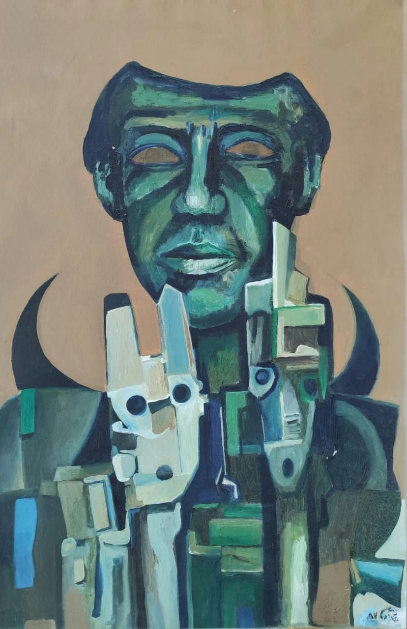 Original Oil 'Cubist Male Figure with Geometric Forms' by Mohammad Bushnaq