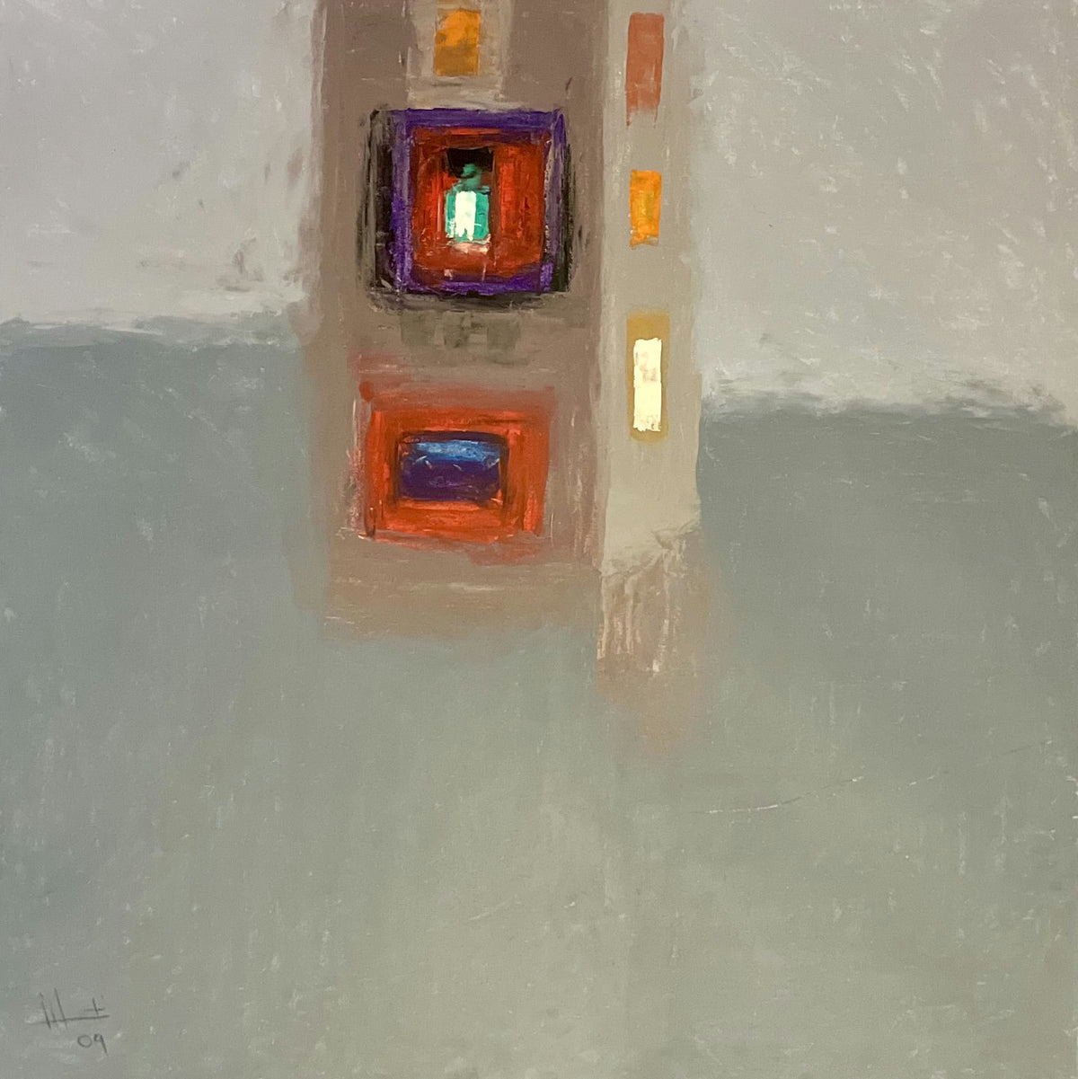 Original Acrylic 'Abstract Tower with Coloured Windows' by Ghassan Abulaban                  