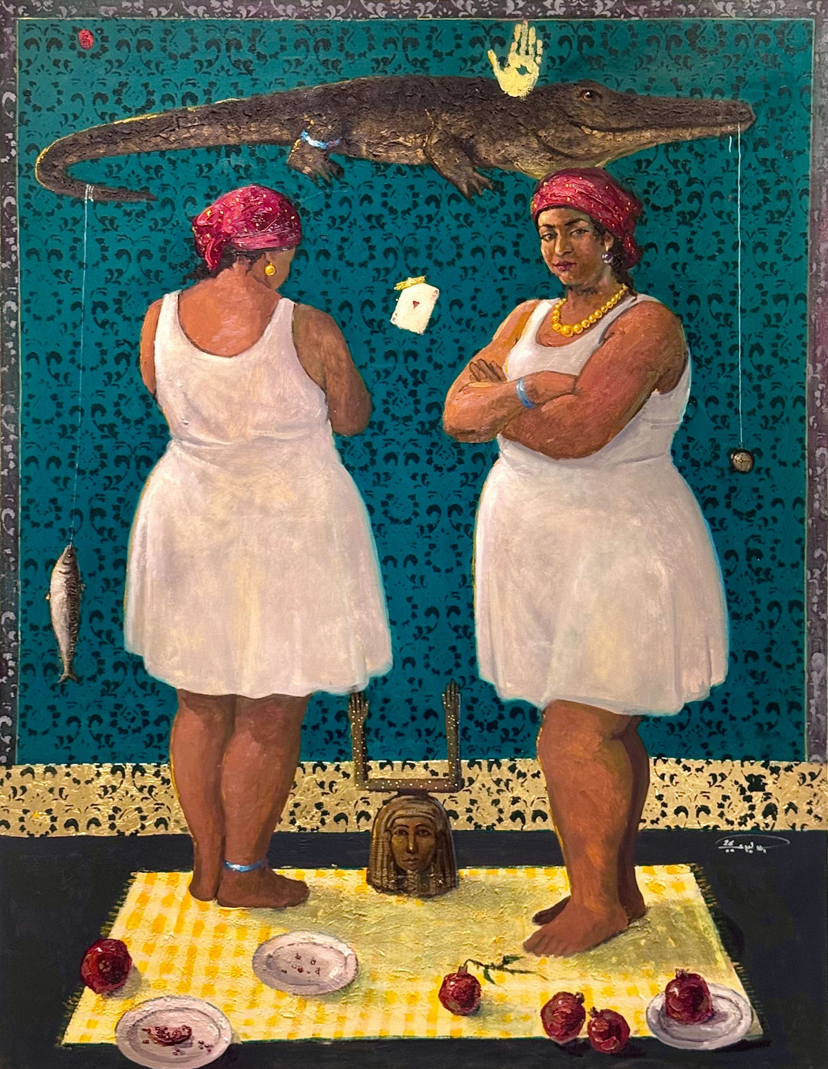 Original Mixed media 'Two Women with Crocodile and Symbols' by Ahmed Magdy