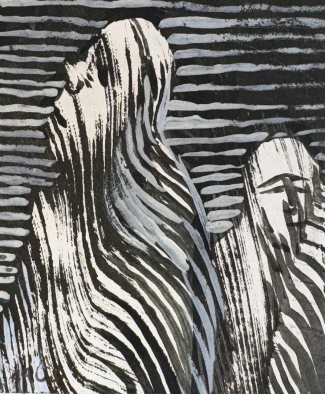 Original Mixed media 'Striped Draped Figures in Black White' by Mohammad Bushnaq