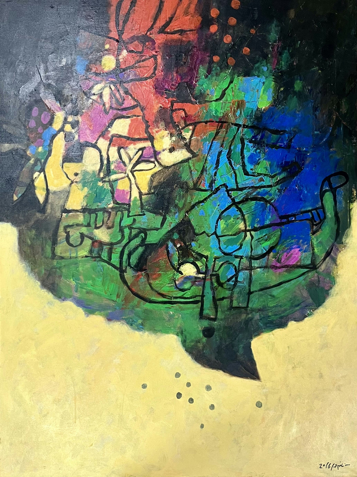 Original Acrylic 'Colorful Abstract Forms on Yellow Ground' by Fakher Mohammed