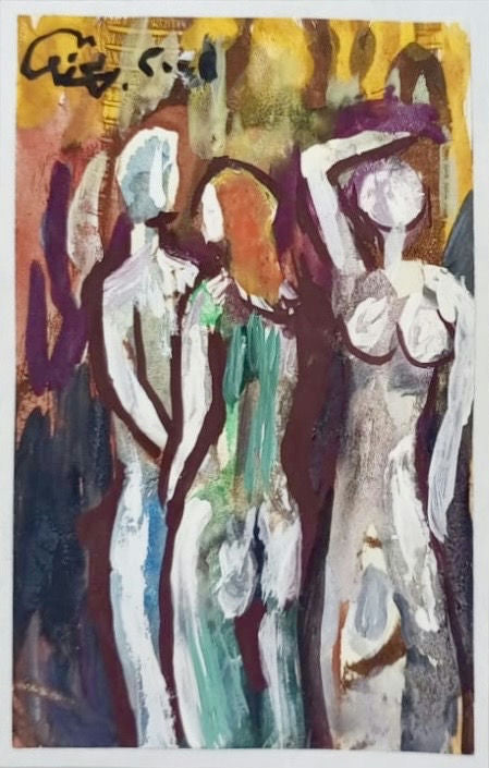 Original Oil 'Three Standing Female Figures' by Mohammad Bushnaq