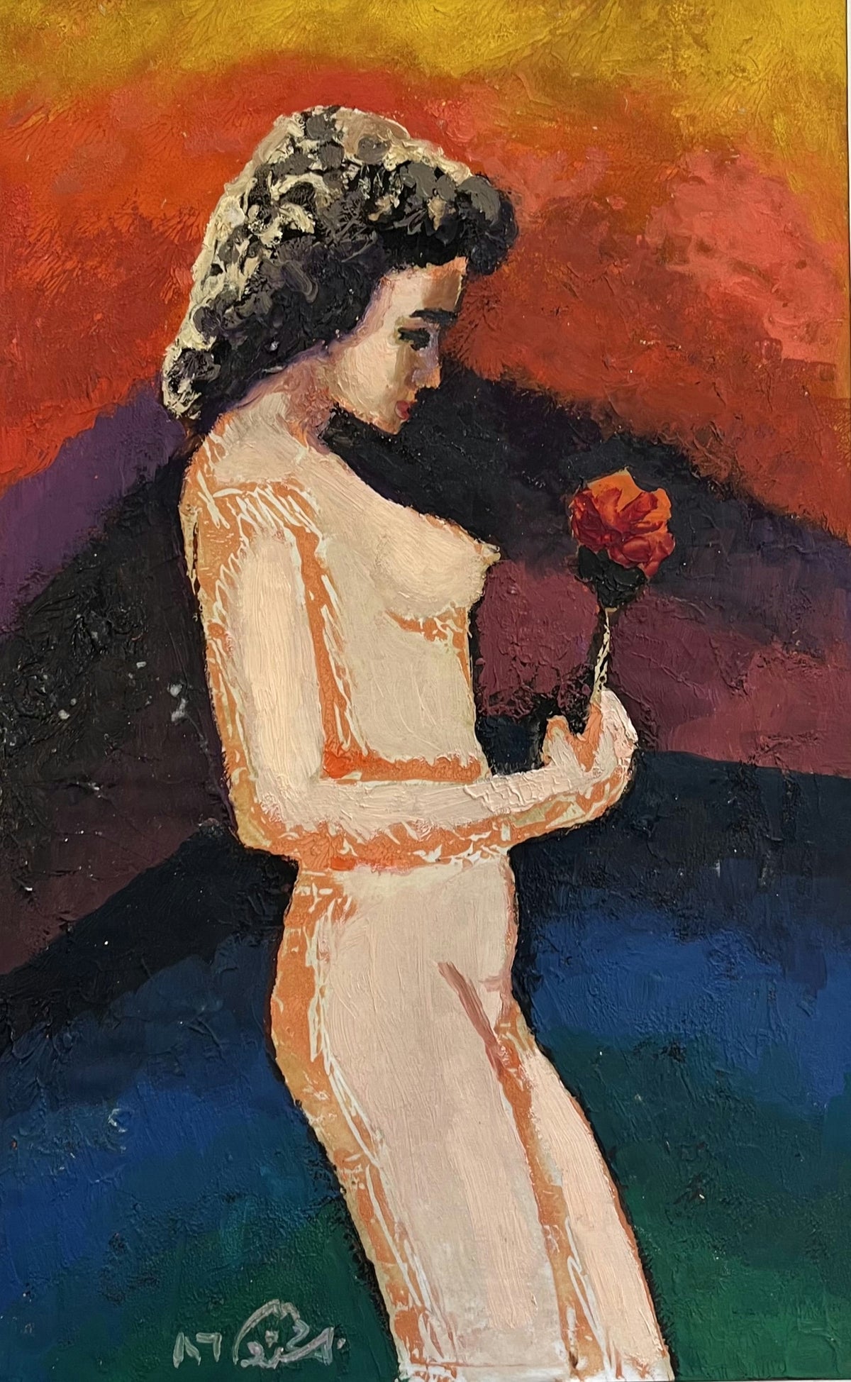 Original Mixed media 'Woman Holding a Red Rose' by Mohammad Bushnaq