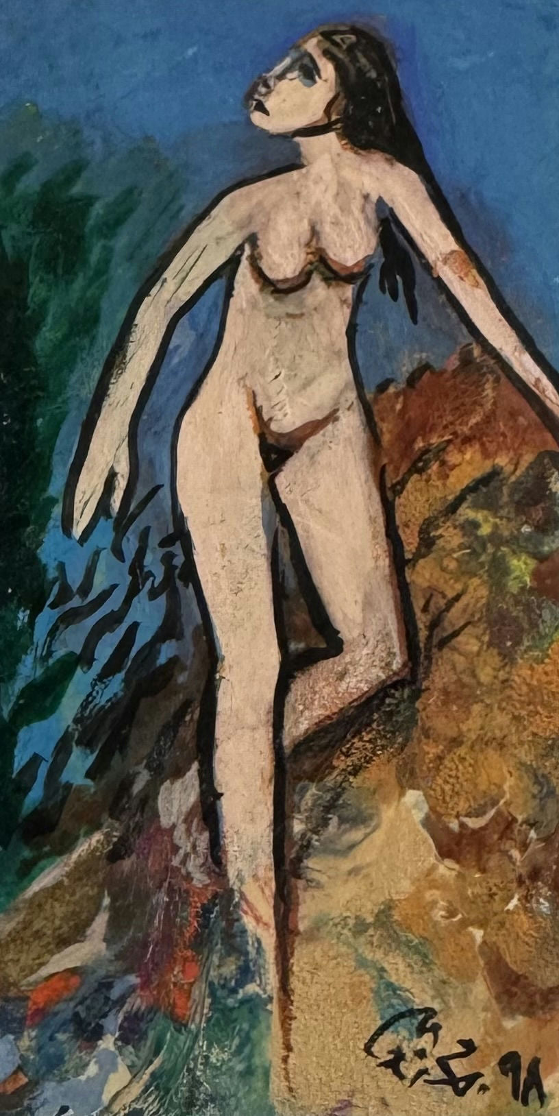 Original Mixed media 'Standing Nude Figure in Landscape' by Mohammad Bushnaq