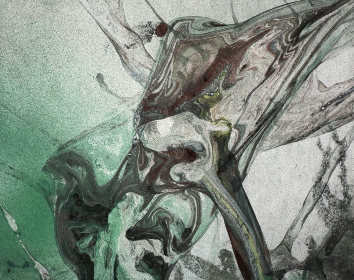 Original Mixed media 'Swirling Abstract Green Grey Forms' by Mohammad Bushnaq