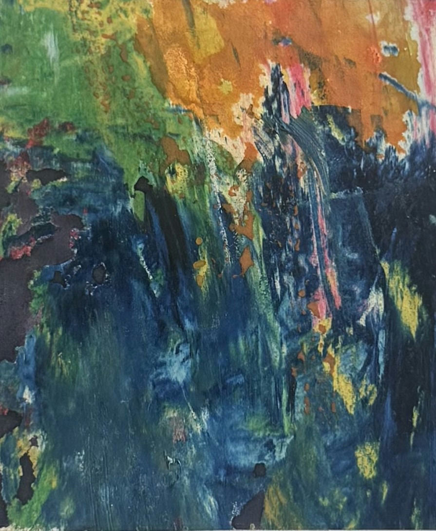 Original Mixed media 'Abstract Blue Green and Orange Composition' by Mohammad Bushnaq