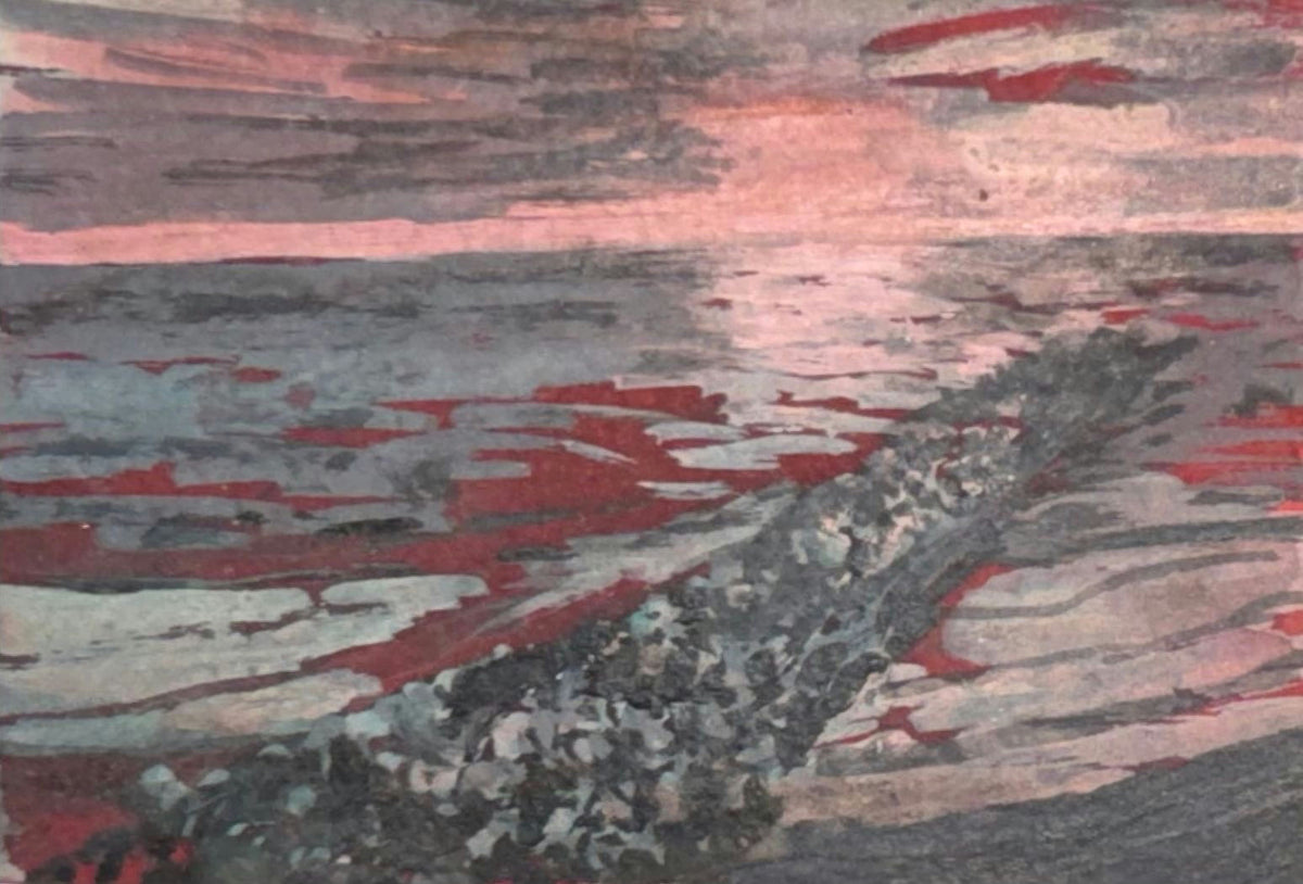 Original Mixed media 'Rocky Coastline at Red Sunset' by Mohammad Bushnaq