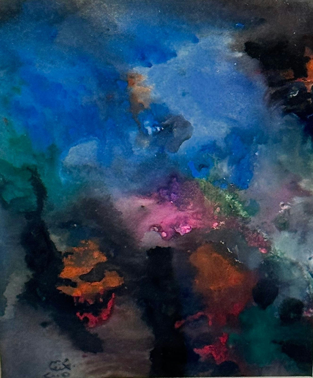 Original Watercolor 'Abstract Blue and Dark Color Forms' by Mohammad Bushnaq