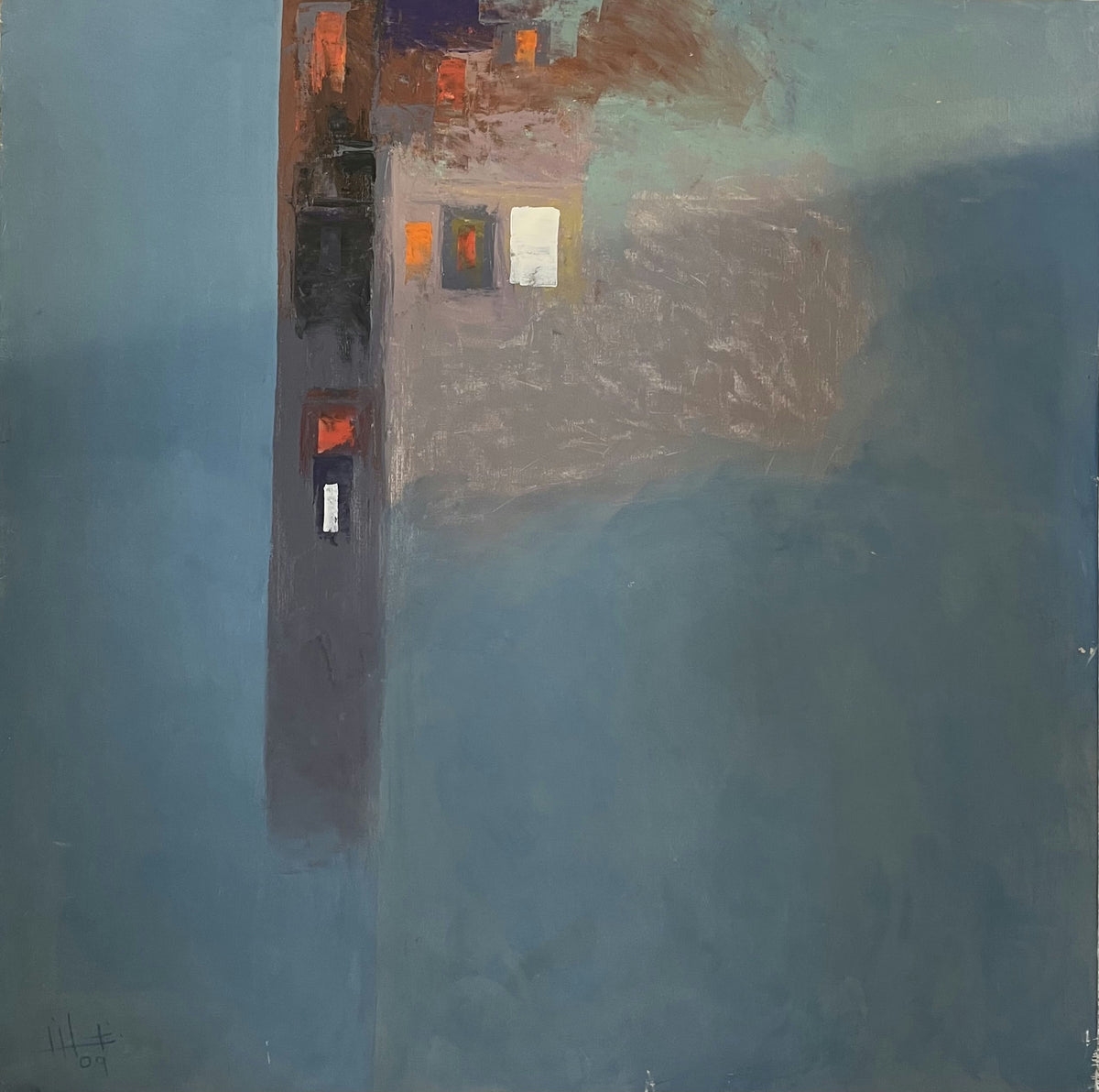 Original Acrylic 'Building with Glowing Windows at Night' by Ghassan Abulaban             