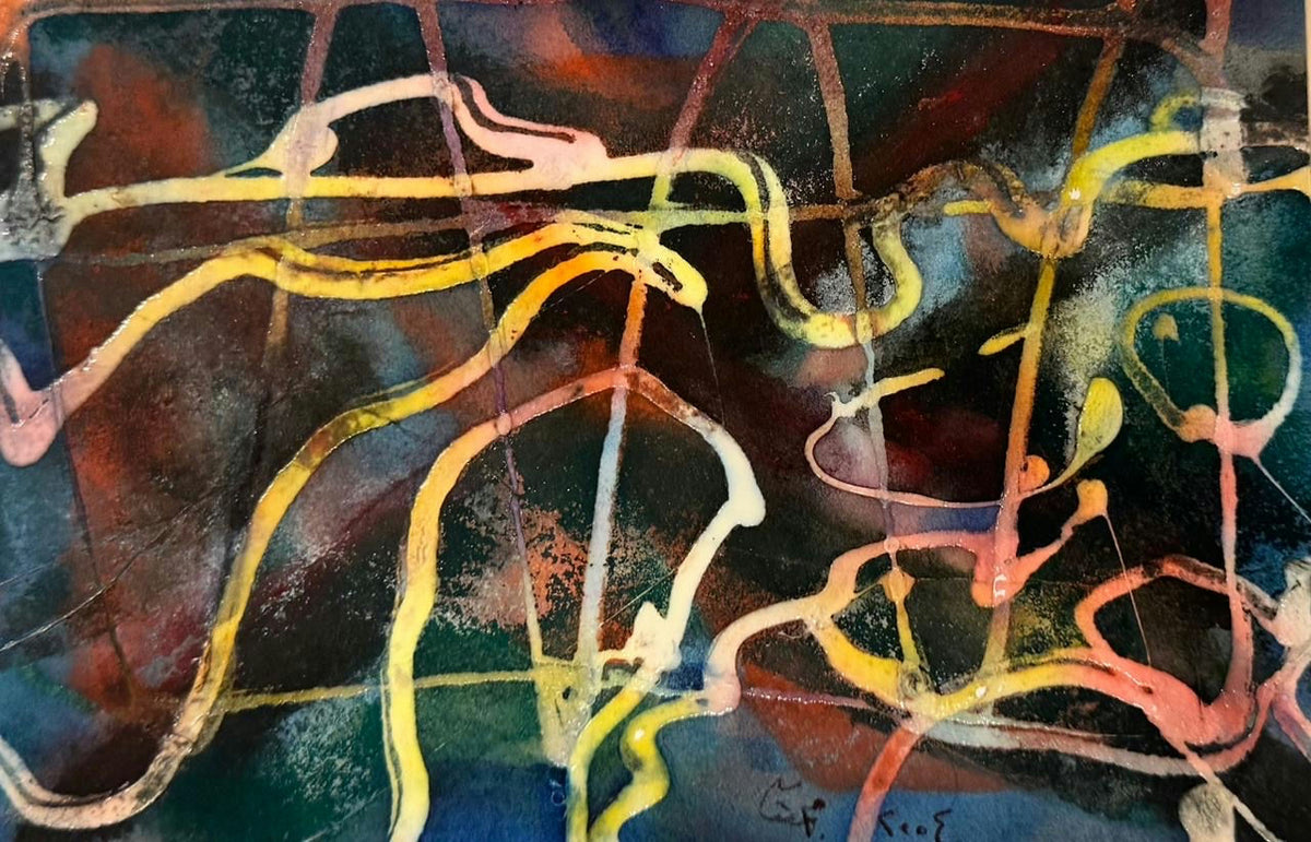 Original Watercolor 'Abstract Lines on Dark Background' by Mohammad Bushnaq