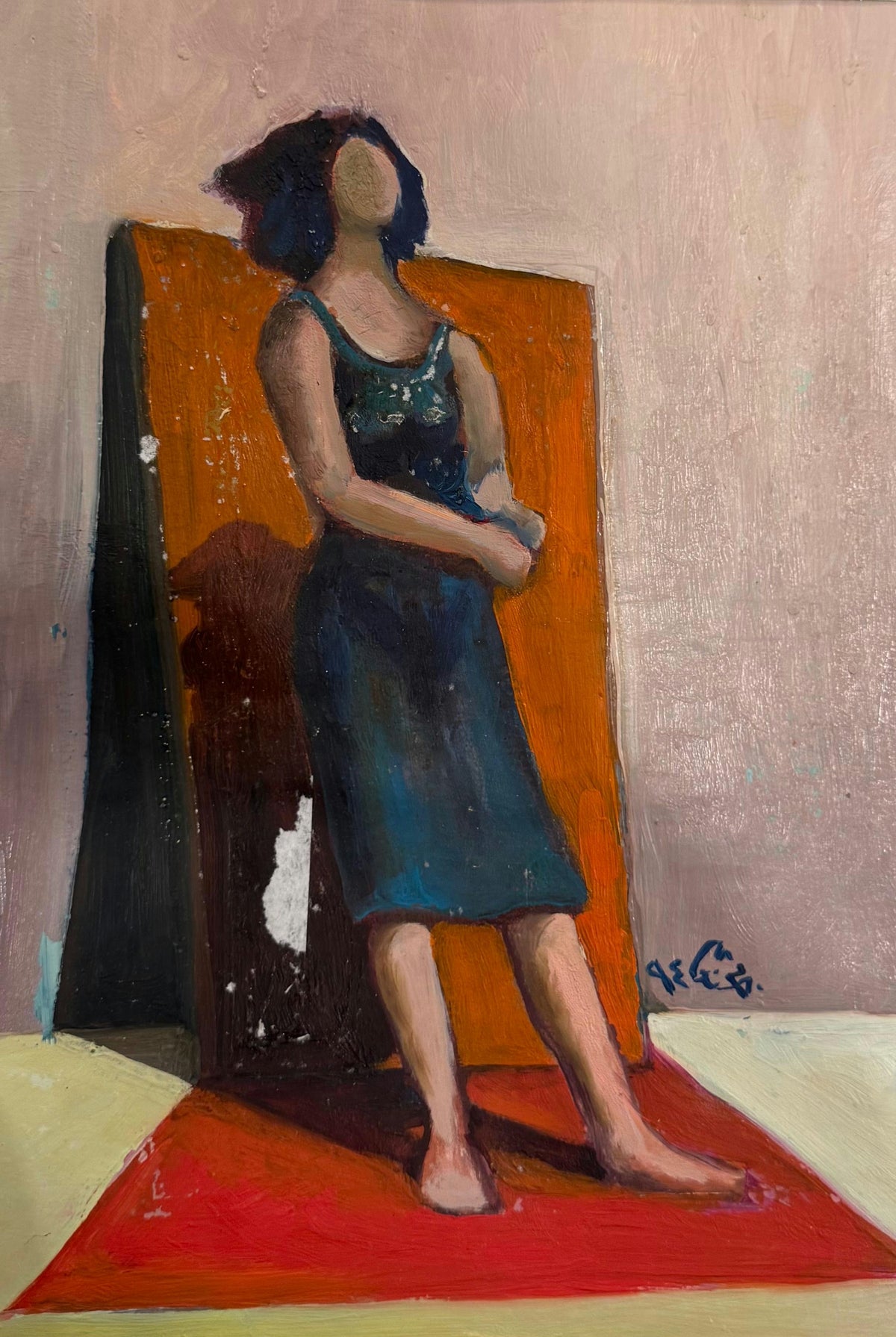 Original Oil 'Woman Standing by Orange Door' by Mohammad Bushnaq