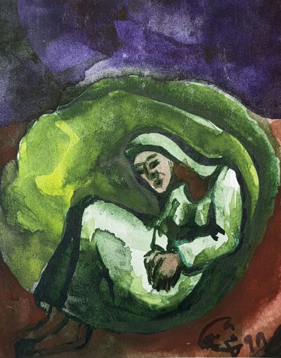 Original Mixed media 'Veiled Woman Curled in Green' by Mohammad Bushnaq