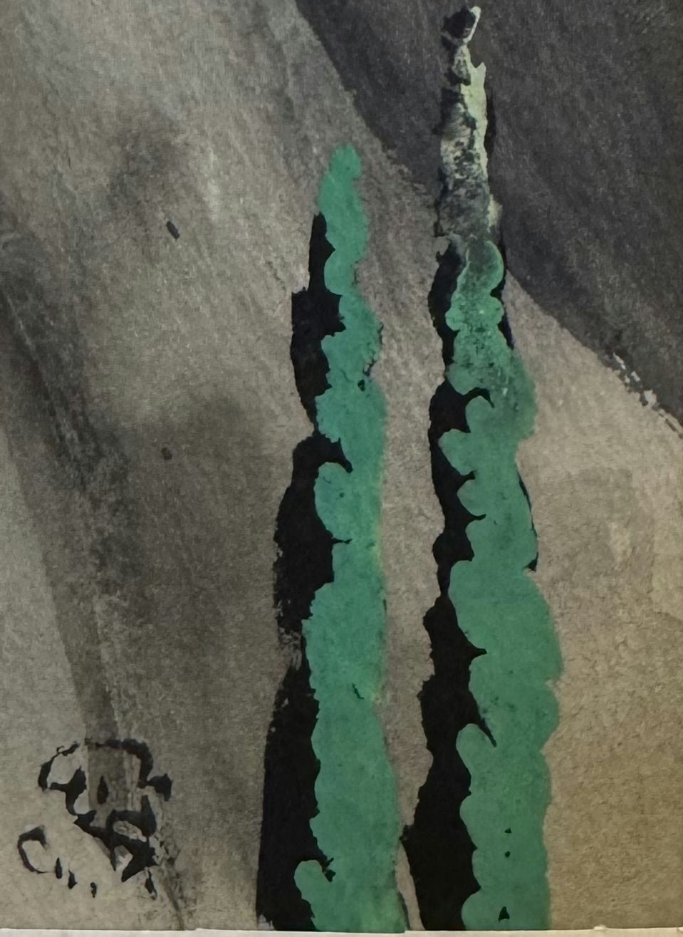 Original Mixed media 'Two Green Cypress Trees on Grey' by Mohammad Bushnaq